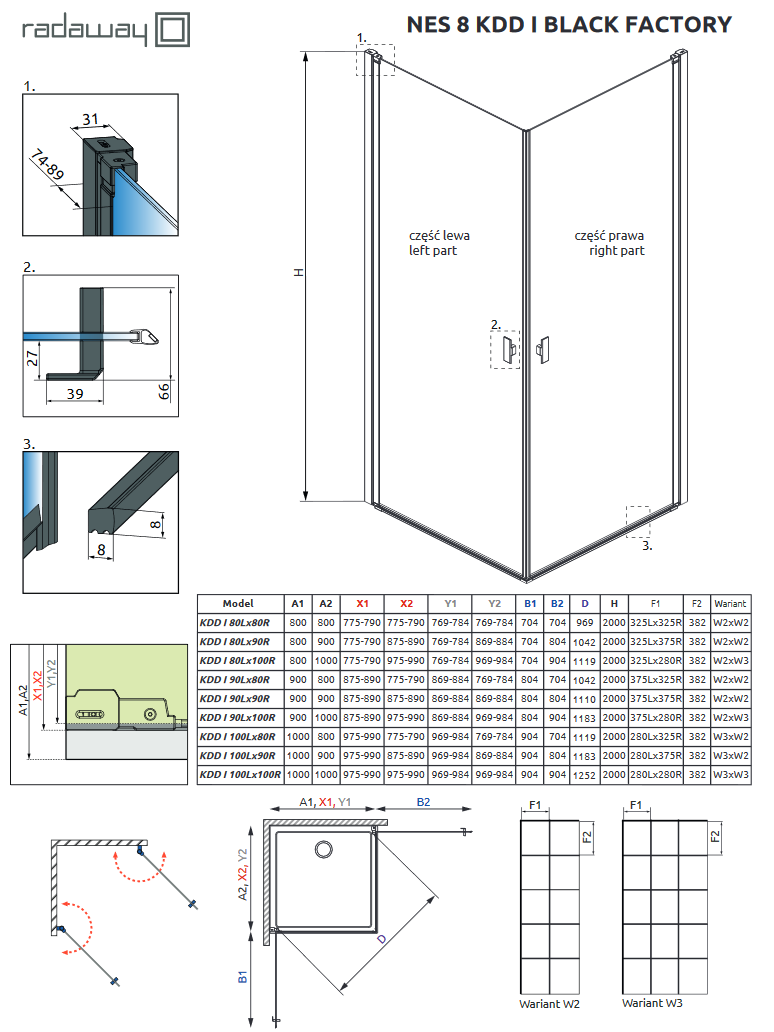 Radaway Nes 8 Black KDD Factory kabina prostokątna 80Lx90R drzwi wahadłowe czarny krata przeźroczyste Easy Clean 10071080-54-55L + 10071090-54-55R