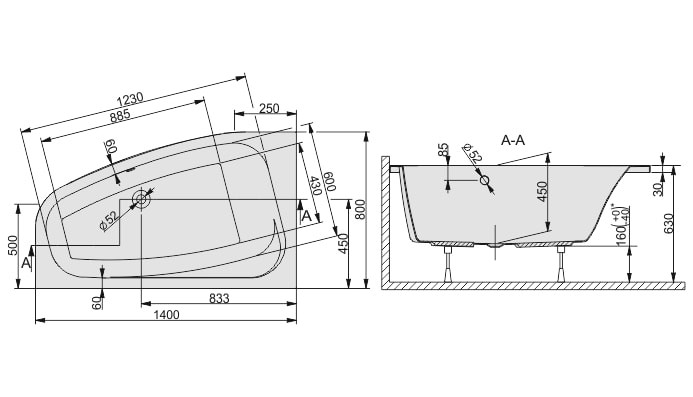 Sanplast Free Line WAL/FREE wanna asymetryczna lewa 140x80 biały 610040042001000