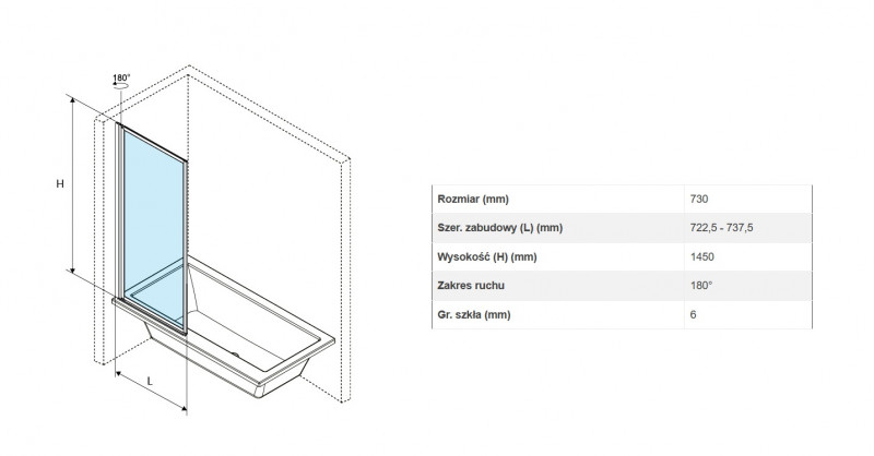 Excellent Fabrika parawan wannowy 73 cm L/P czarny matowy Clean Control KAEX.4030.730.LP