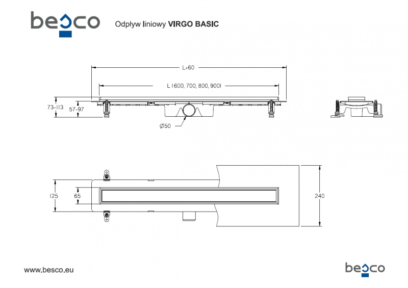 Besco Virgo Baisc odpływ liniowy 90 cm, wys. 5,7 cm ruszt 2w1 chrom szczotkowany OL-90-VB