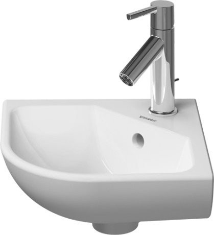 Duravit Me by Starck umywalka wisząca narożna bez przelewu, z jednym otworem 43 cm 43x38 biały satynowy mat 0722433200