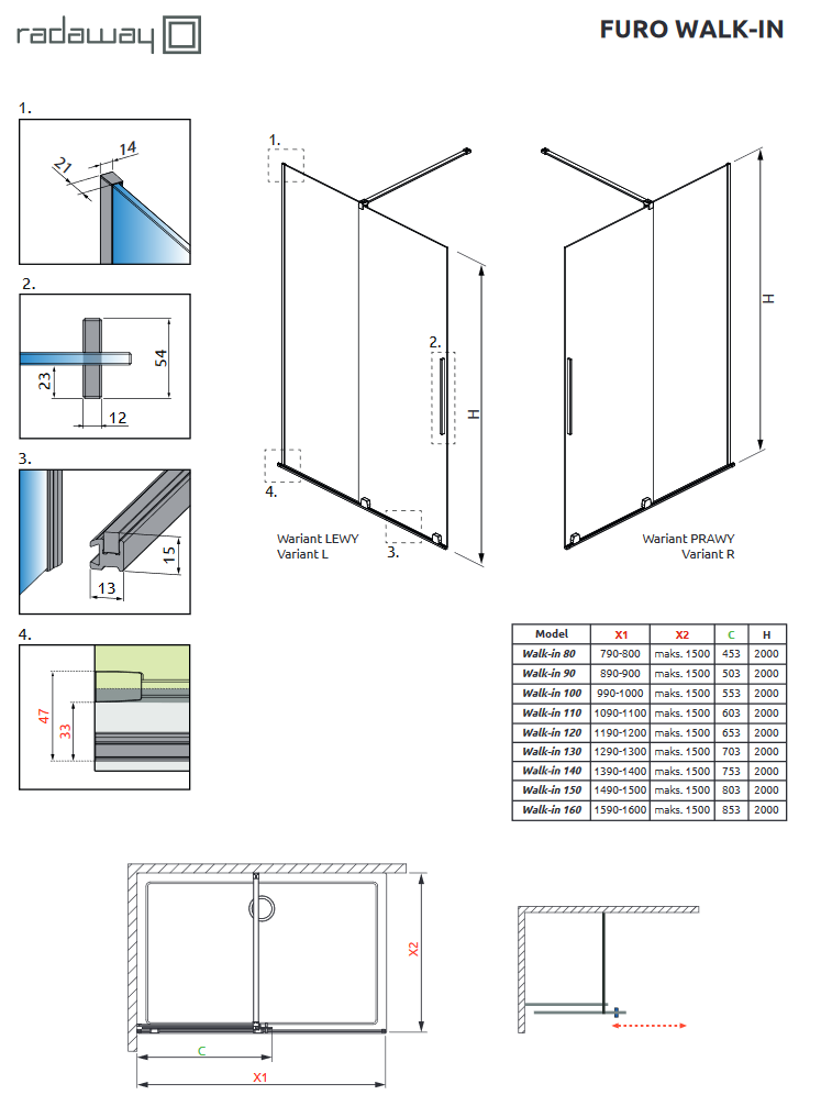 Radaway Furo kabina typu Walk-In ścianka suwana 90 cm lewa chrom przeźroczyste Easy Clean 10106488-01-01L + 10110444-01-01