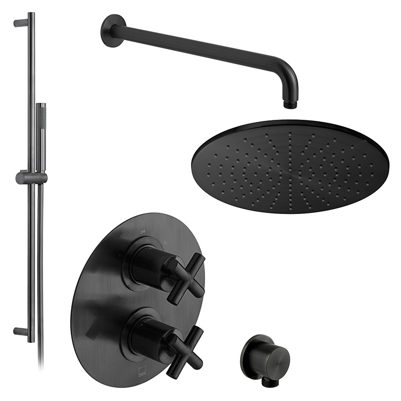 Vado Elements kompletny zestaw termostatyczny prysznicowy podtynkowy z deszczownicą 30x30 i drążkiem czarny szczotkowany IND-SS-ELE2-BLK