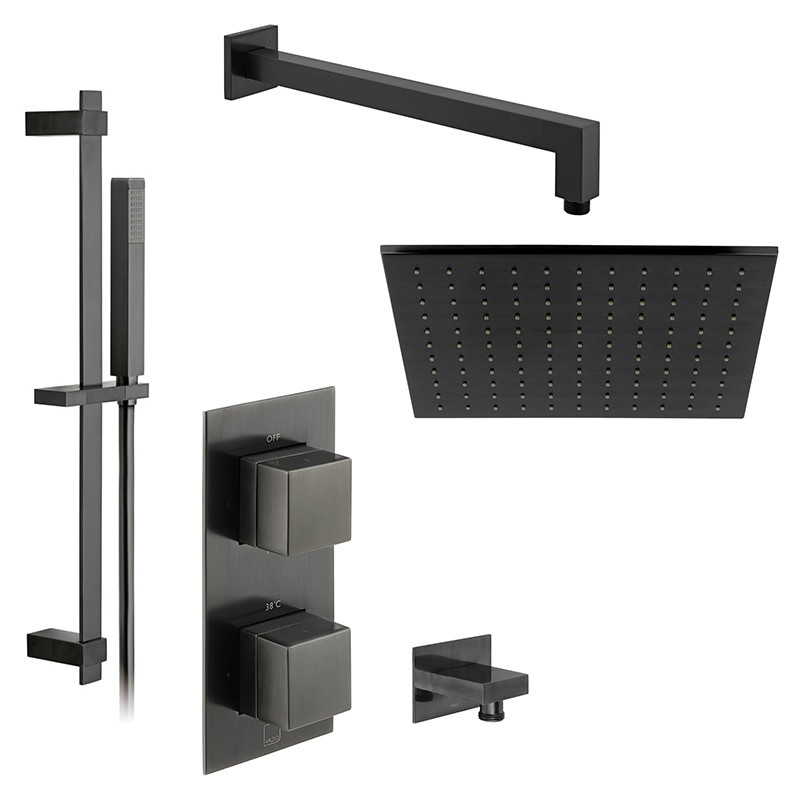 Vado Tablet kompletny zestaw termostatyczny prysznicowy podtynkowy z deszczownicą 30x30 i drążkiem czarny szczotkowany IND-SS-TAB4-BLK