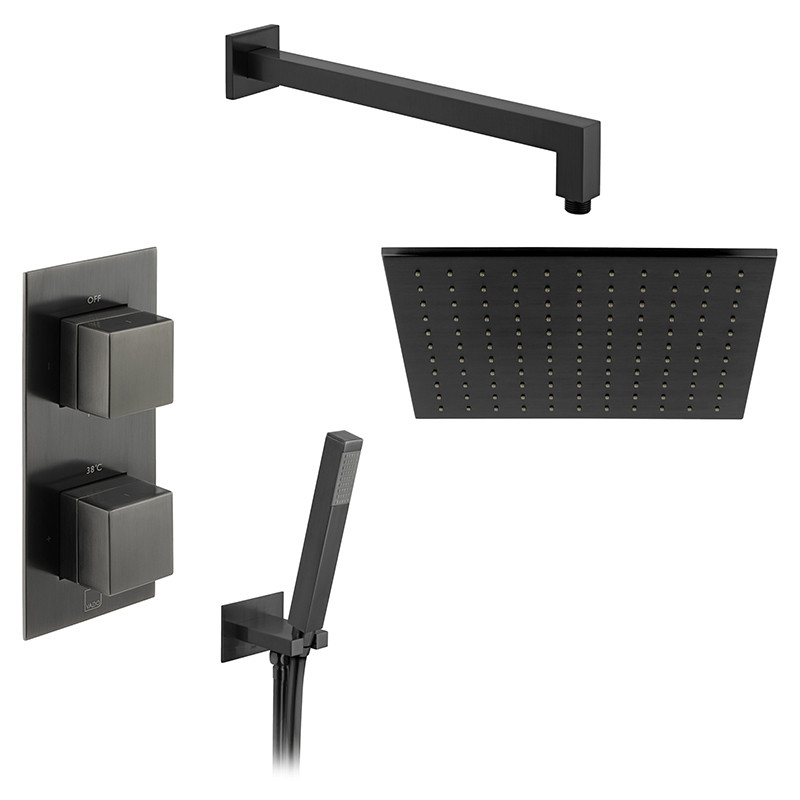 Vado Tablet kompletny zestaw termostatyczny prysznicowy podtynkowy z deszczownicą 30x30 i słuchawką prysznicową czarny szczotkowany IND-SS-TAB3-BLK