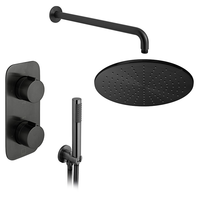 Vado Tablet kompletny zestaw termostatyczny prysznicowy podtynkowy z deszczownicą 30x30 i zestawem punktowym czarny szczotkowany IND-SS-TAB1-BLK