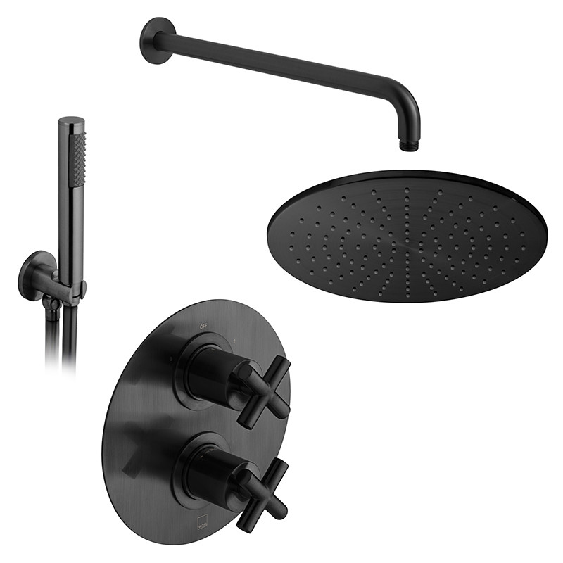 Vado Elements kompletny zestaw termostatyczny prysznicowy podtynkowy z deszczownicą 30x30 i zestawem punktowym czarny szczotkowany IND-SS-ELE1-BLK