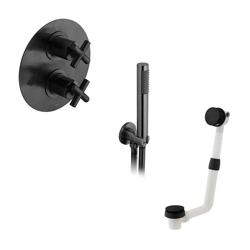 Vado Elements kompletny zestaw z termostatem wannowy z napełnianiem wanny i słuchawką prysznicową czarny szczotkowany IND-BS-ELE1-BLK