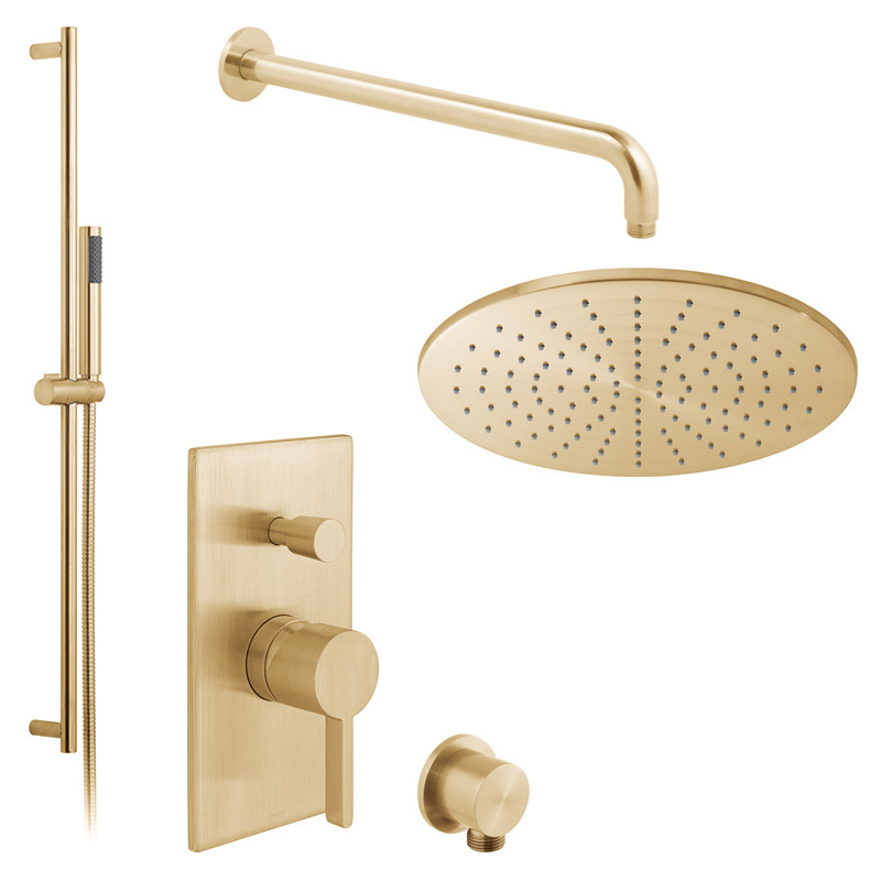 Vado Edit kompletny zestaw prysznicowy podtykowy z deszczownica 30x30 i drążkiem złoto szczotkowane IND-SS-EDI2-BRG