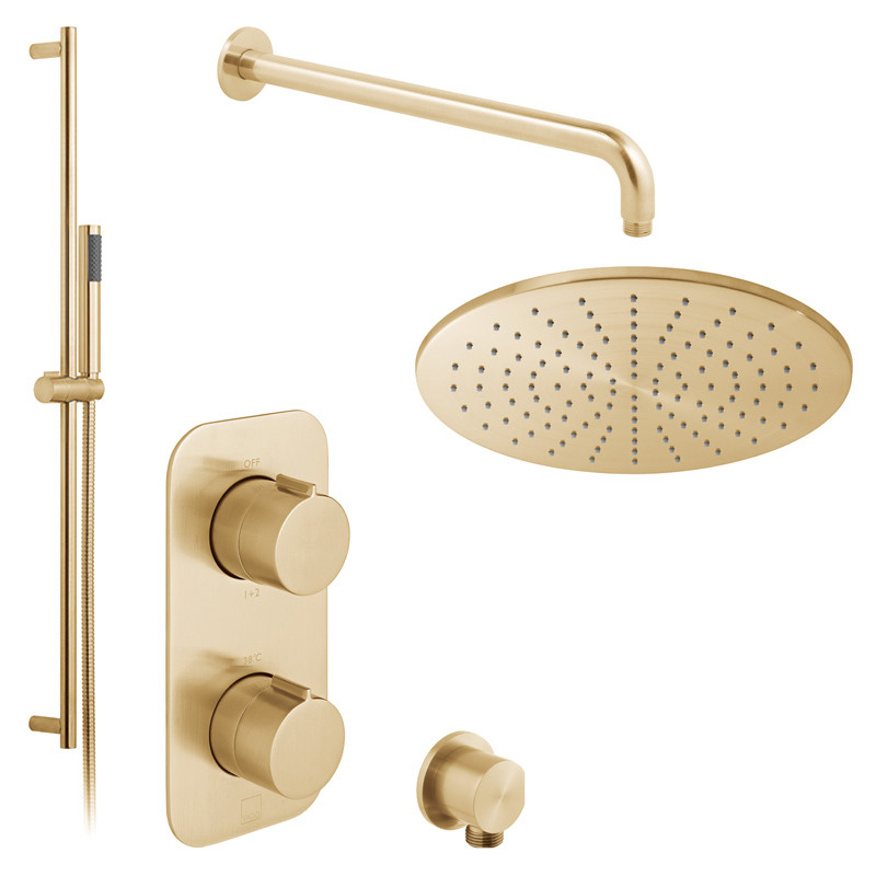 Vado Tablet kompletny termostatyczny zestaw prysznicowy podtykowy z deszczownica 30x30 i drążkiem złoto szczotkowane IND-SS-TAB2-BRG