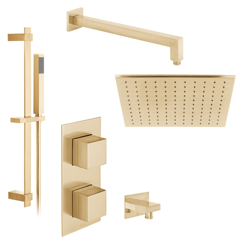 Vado Tablet kompletny termostatyczny zestaw prysznicowy podtykowy z deszczownica 30x30 i drążkiem złoto szczotkowane IND-SS-TAB4-BRG