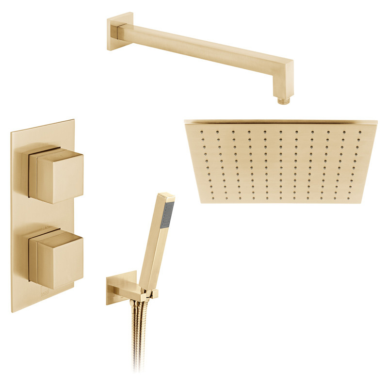 Vado Tablet kompletny termostatyczny zestaw prysznicowy podtykowy z deszczownica 30x30 i słuchawką prysznicową złoto szczotkowane IND-SS-TAB3-BRG
