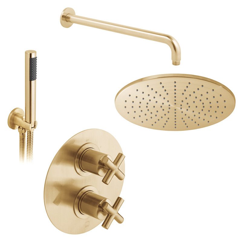 Vado Elements kompletny termostatyczny zestaw prysznicowy podtykowy z deszczownica 30x30 i słuchawką prysznicową złoto szczotkowane IND-SS-ELE1-BRG