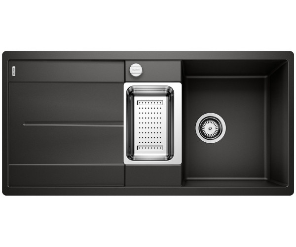 Blanco Metra 6 S-F Silgranit PuraDur II zlewozmywak granitowy wpuszczany w blat, na równi z blatem 1,5 komory z ociekaczem i odsączarką korek automatyczny kolor czarny 525929