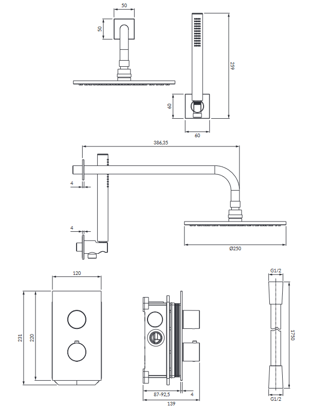 Omnires Contour kompletny termostatyczny system prysznicowy podtynkowy antracyt szczotkowany SYSCT11AT
