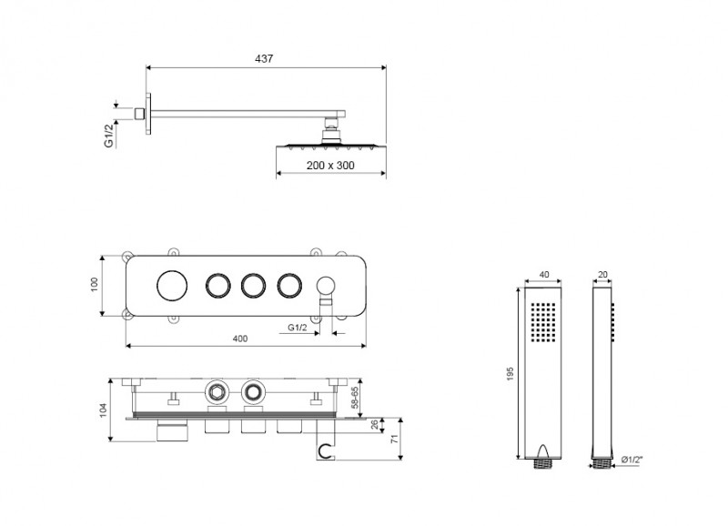 Excellent Krotos zestaw prysznicowy podtynkowy 3-drożny z deszczownicą 30x20 chrom połysk AREX.SET.8036CR