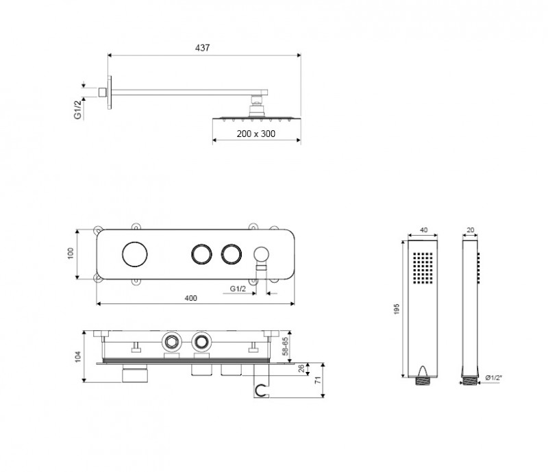 Excellent Krotos zestaw prysznicowy podtynkowy 2-drożny z deszczownicą 30x20 chrom połysk AREX.SET.8035CR