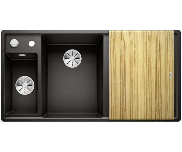 Blanco Axia III 6 S zlewozmywak 1,5 komory wpuszczany w blat z ociekaczem z drewnianą deską i odsączarką komora lewa kolor czarny 525849