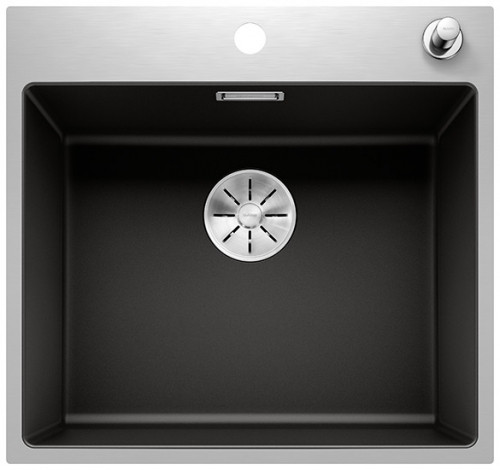 Blanco Subline 500-IF/A SteelFrame Silgranit PuraDur II zlewozmywak granitowy ze stalą otwór na baterię 1 komora wpuszczana na równi z blatem korek automatyczny kolor czarny 525999