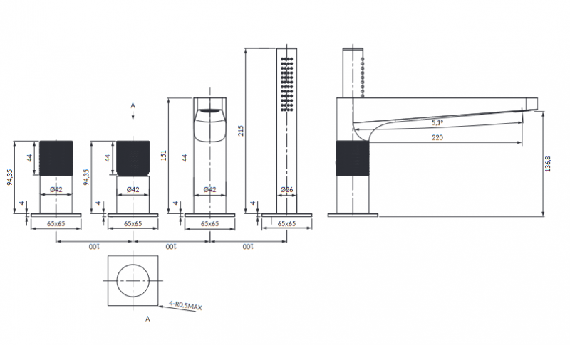 Omnires Contour bateria wannowa 4-otworowa złoty szczotkowany CT8032GLB