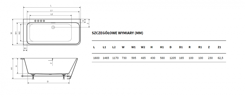 Excellent Lila 2.0 wanna narożna prostokątna lewa 160x73 WAEX.LIL2.160L.WHN