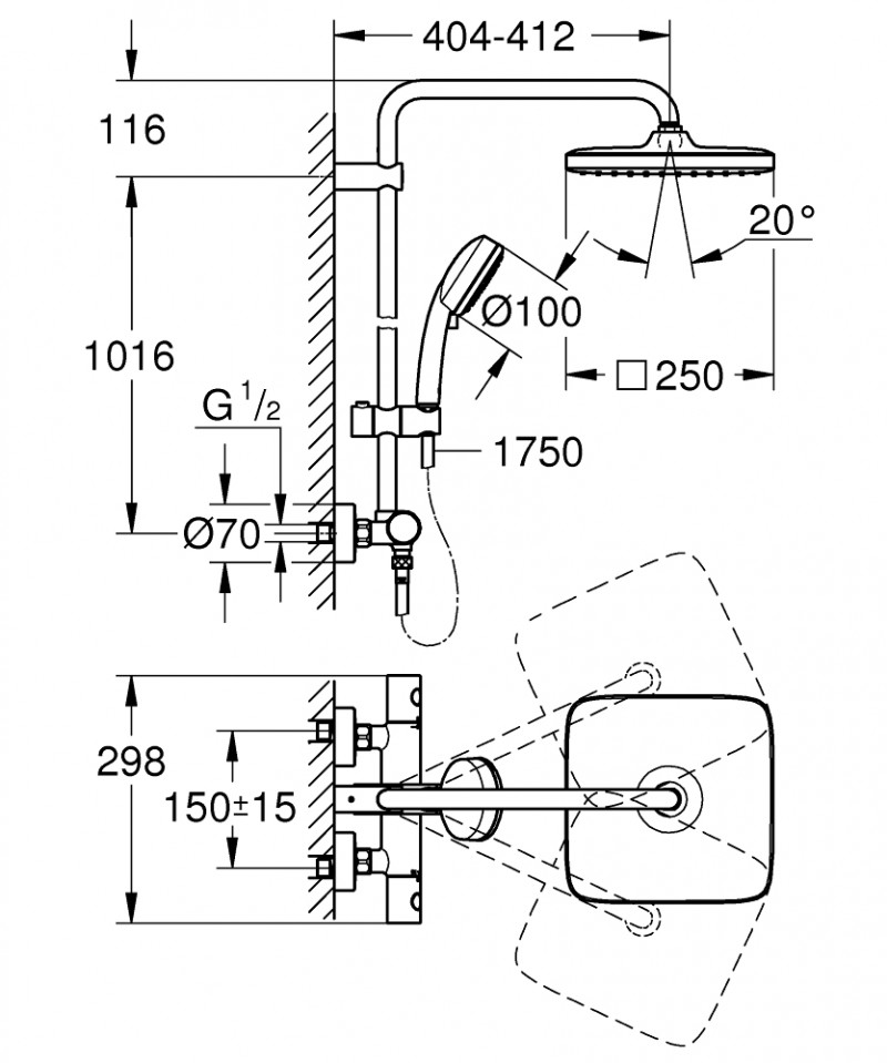 Grohe Tempesta Cosmopolitan System 250 Cube termostatyczny zestaw prysznicowy z deszczownicą chrom 26689000