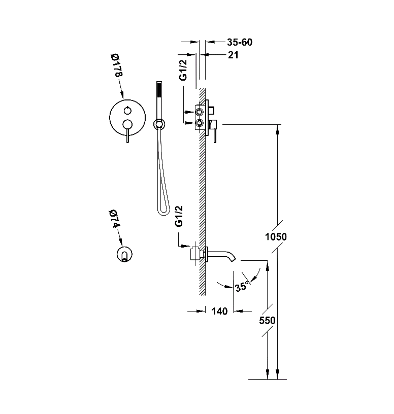 Tres Study Exclusive zestaw wannowy podtynkowy z wylewką kompletny czerń metalizowana szczotkowana 26228006KMB