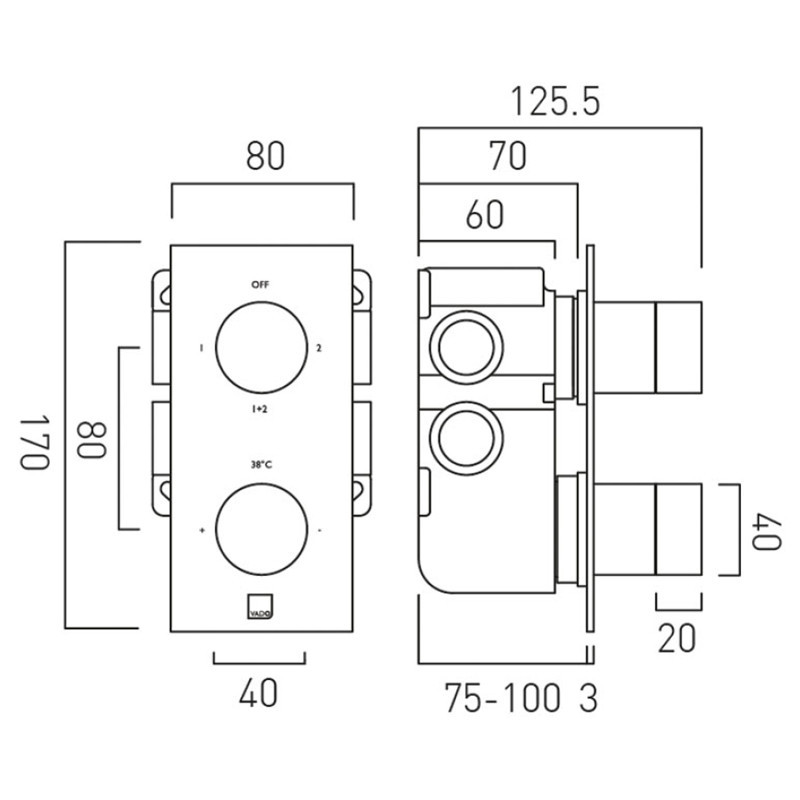Vado Knurled X Fusion termostatyczna bateria podtynkowa 2-drożna czarny/złoty szczotkowany IND-T148/2-XBGK