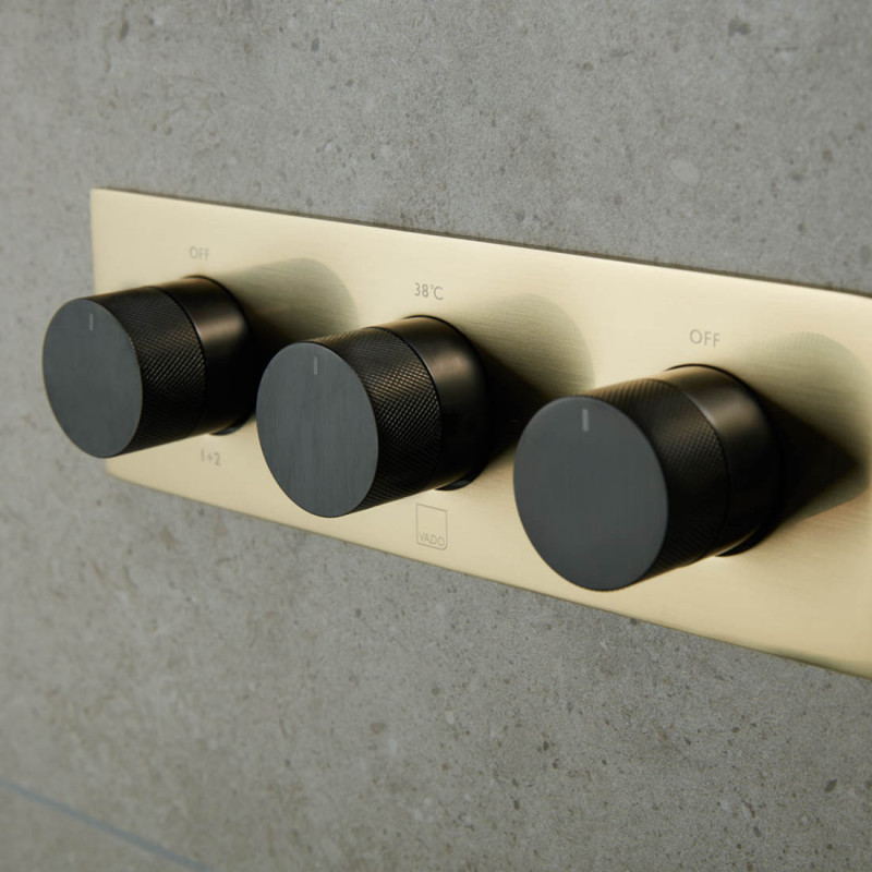 Vado Knurled X Fusion termostatyczna bateria podtynkowa 3-drożna złoty/czarny szczotkowany IND-T128/3-H-XGBK