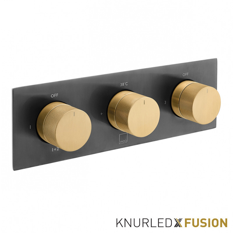 Vado Knurled X Fusion termostatyczna bateria podtynkowa 3-drożna czarny/złoty szczotkowany IND-T128/3-H-XBGK