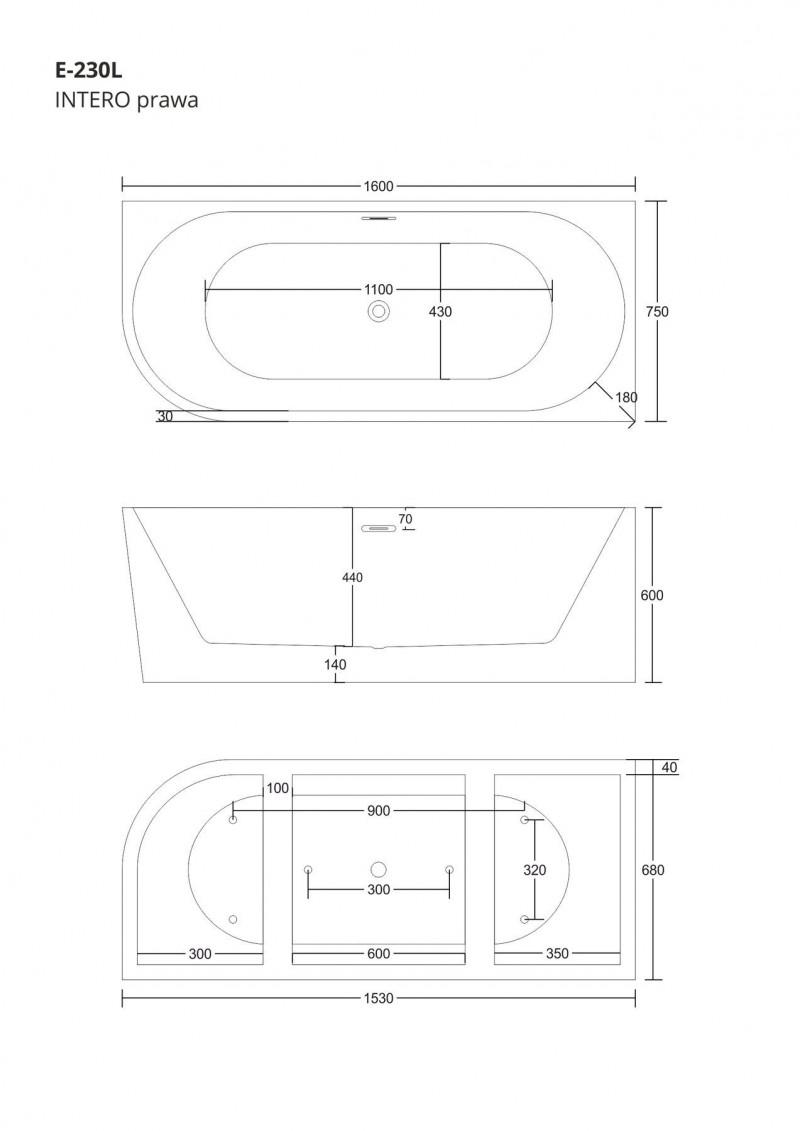 Corsan Intero E-230L wanna wolnostojąca przyścienna prawa 160x75 biała E-230L