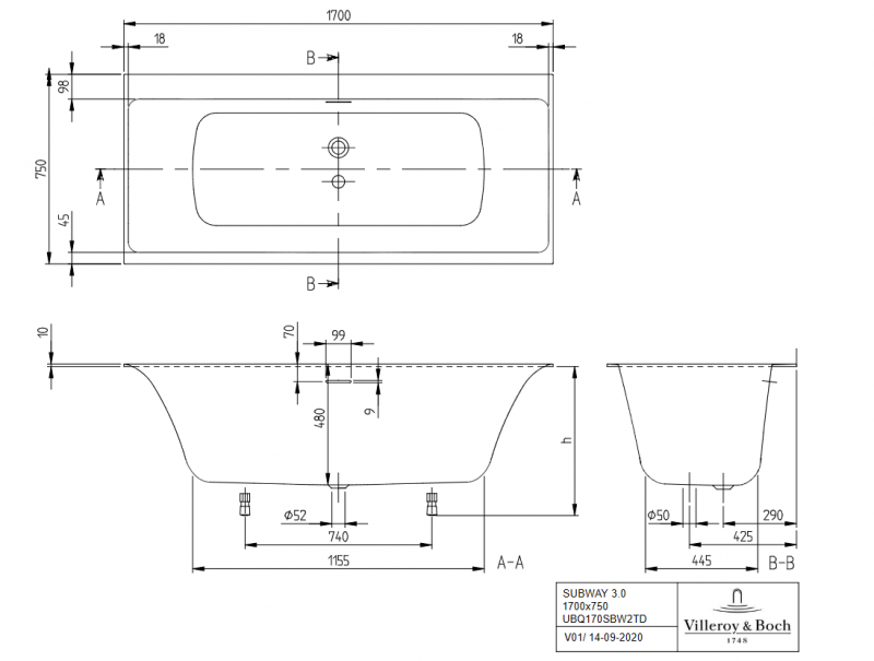 Villeroy&Boch Subway 3.0 wanna prostokątna z napełnianiem SilentFlow 170x75 Quaryl biała weiss alpin UBQ170SBW2TDV-01