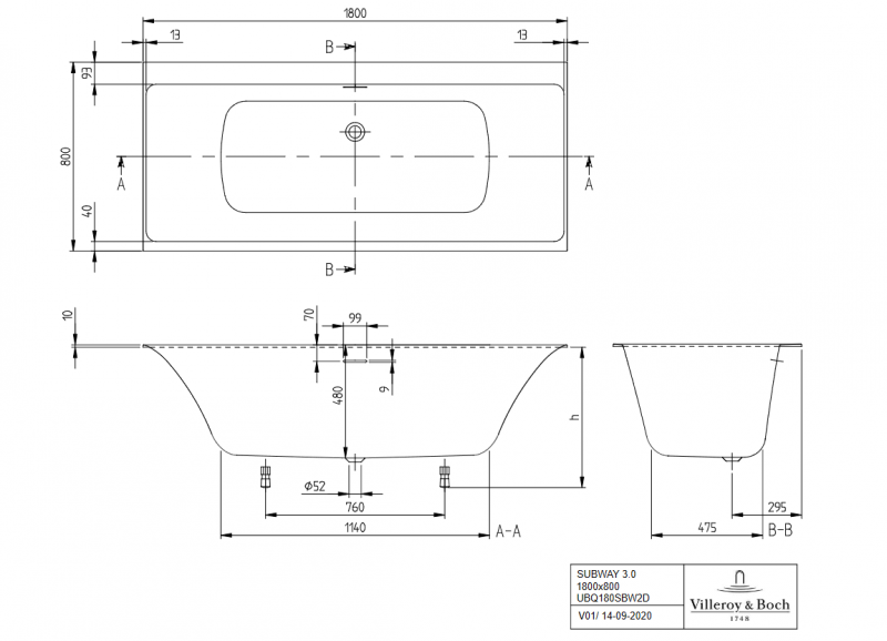Villeroy&Boch Subway 3.0 wanna prostokątna z napełnianiem SilentFlow 180x80 Quaryl biała weiss alpin UBQ180SBW2TDV-01