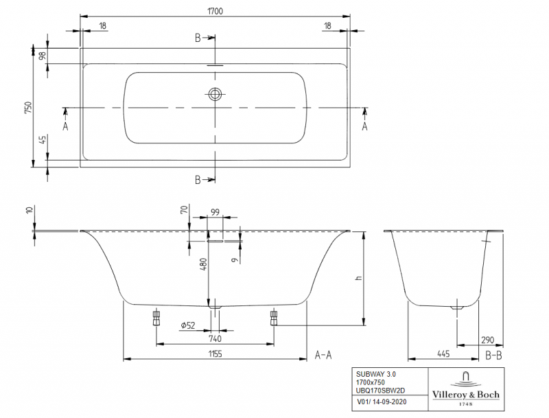 Villeroy&Boch Subway 3.0 wanna prostokątna 170x75 Quaryl biała weiss alpin UBQ170SBW2DV-01