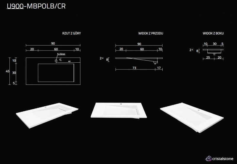 Cristalstone Linea Ideal umywalka meblowa 90x45 cm prawa z odpływem liniowym biały satynowy mat U900-MBPOLB/CR