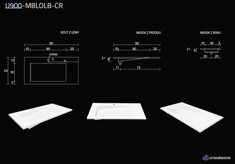 Cristalstone Linea Ideal umywalka meblowa 90x45 cm lewa z odpływem liniowym biały satynowy mat U900-MBLOLB/CR