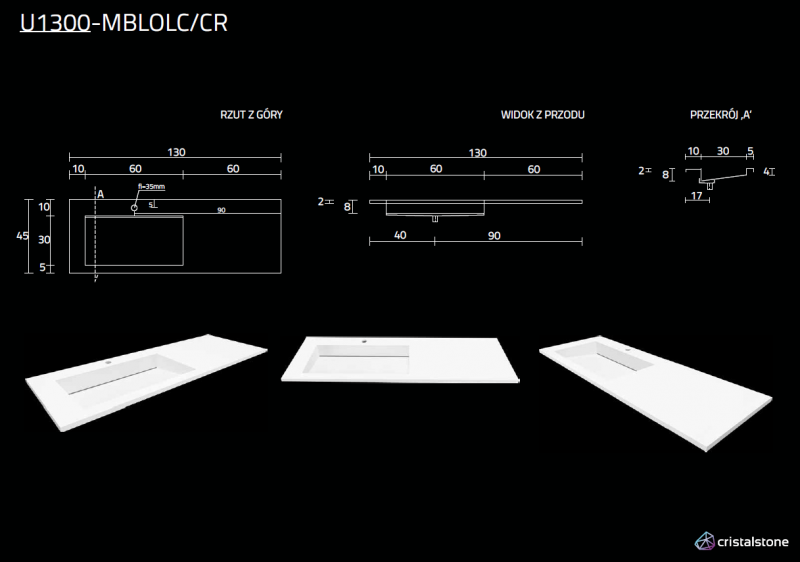 Cristalstone Linea Ideal umywalka meblowa 130x45 cm lewa z odpływem liniowym biały satynowy mat U1300-MBLOLC/CR