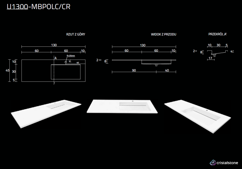 Cristalstone Linea Ideal umywalka meblowa 130x45 cm prawa z odpływem liniowym biały satynowy mat U1300-MBPOLC/CR