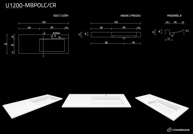 Cristalstone Linea Ideal umywalka meblowa 120x45 cm prawa z odpływem liniowym biały satynowy mat U1200-MBPOLC/CR