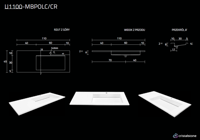 Cristalstone Linea Ideal umywalka meblowa 110x45 cm prawa z odpływem liniowym biały satynowy mat U1100-MBPOLC/CR