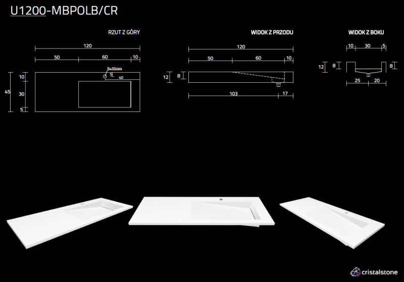 Cristalstone Linea Ideal umywalka meblowa 120x45 cm prawa z odpływem liniowym biały satynowy mat U1200-MBPOLB/CR
