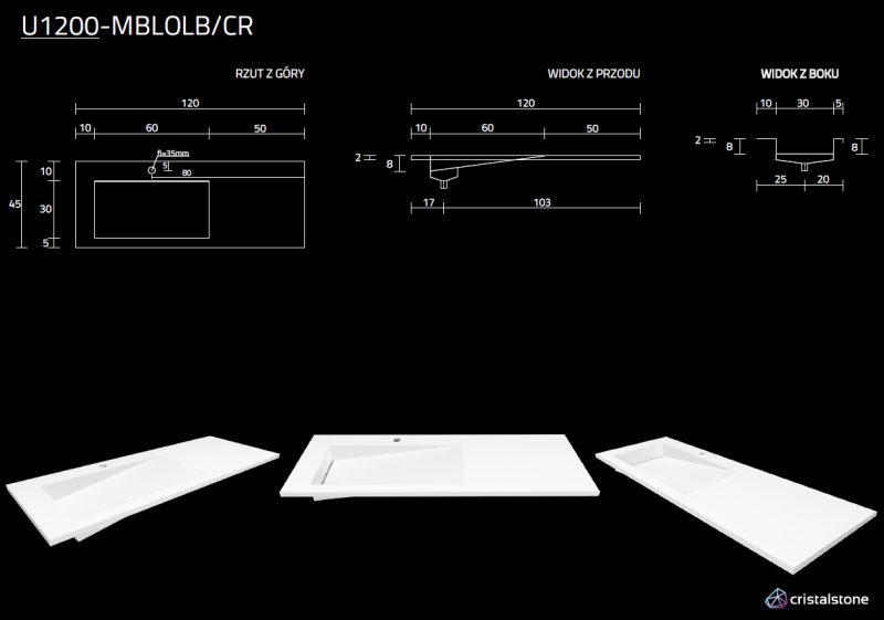 Cristalstone Linea Ideal umywalka meblowa 120x45 cm lewa z odpływem liniowym biały satynowy mat U1200-MBLOLB/CR
