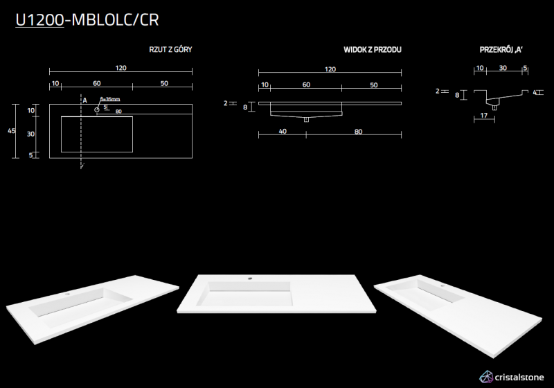 Cristalstone Linea Ideal umywalka meblowa 120x45 cm lewa z odpływem liniowym biały satynowy mat U1200-MBLOLC/CR
