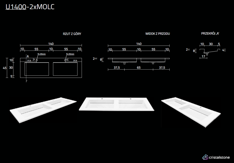 Cristalstone Linea Ideal umywalka meblowa podwójna 140x45 cm z odpływem liniowym biały satynowy mat U1400-2xMOLC/CR