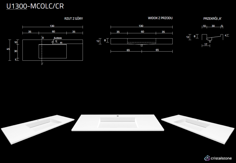Cristalstone Linea Ideal umywalka meblowa 130x45 cm z odpływem liniowym biały satynowy mat U1300-MCOLC/CR