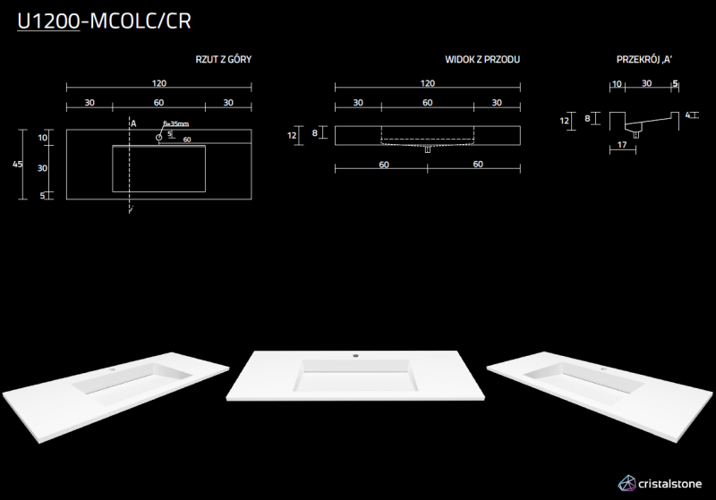 Cristalstone Linea Ideal umywalka meblowa 120x45 cm z odpływem liniowym biały satynowy mat U1200-MCOLC/CR