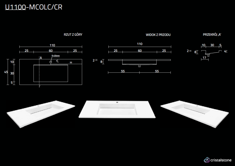 Cristalstone Linea Ideal umywalka meblowa 110x45 cm z odpływem liniowym biały satynowy mat U1100-MCOLC/CR
