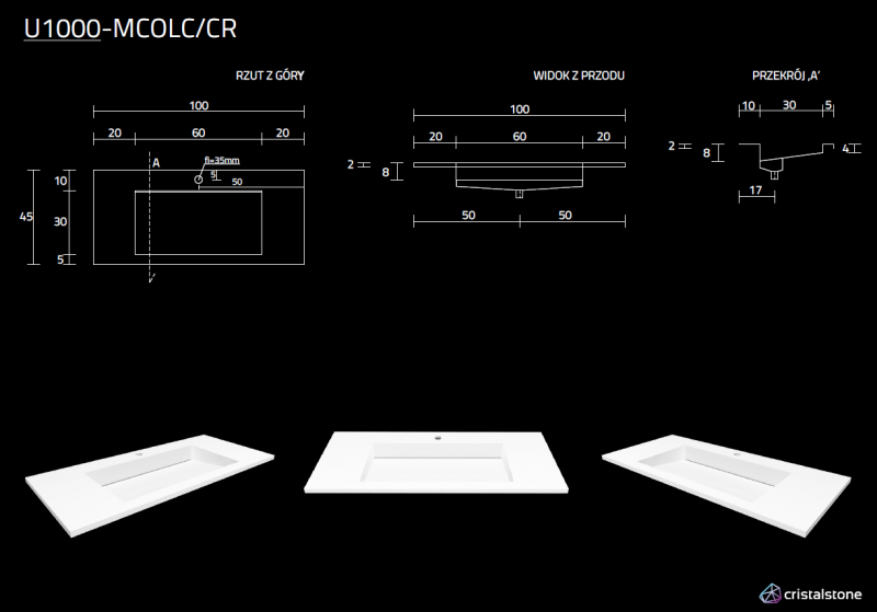 Cristalstone Linea Ideal umywalka meblowa 100x45 cm z odpływem liniowym biały satynowy mat U1000-MCOLC/CR