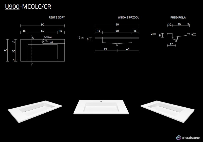 Cristalstone Linea Ideal umywalka meblowa 90x45 cm z odpływem liniowym biały satynowy mat U900-MCOLC/CR