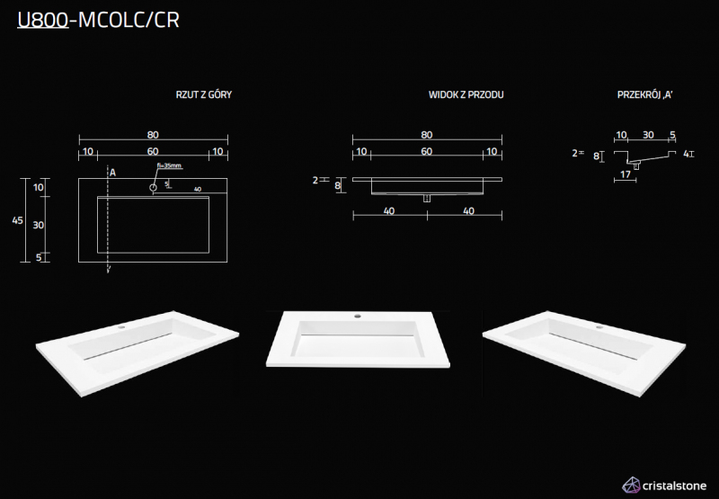 Cristalstone Linea Ideal umywalka meblowa 80x45 cm z odpływem liniowym biały satynowy mat U800-MCOLC/CR